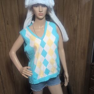 Argyle Sleeveless Sweater Vest - Blue and Yellow